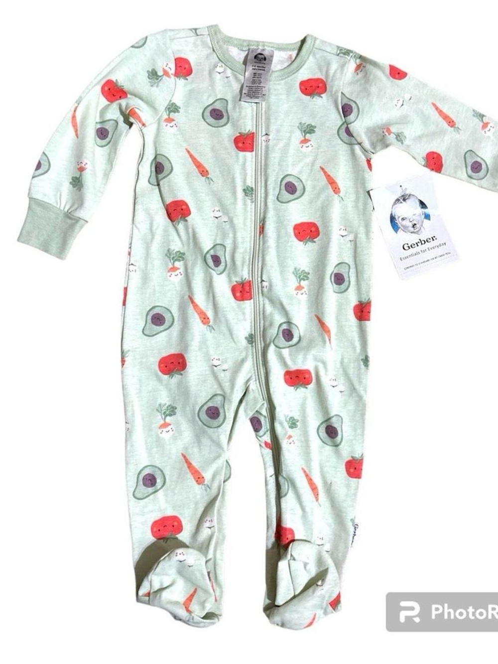 Gerber Baby Sleep N Play Pajamas 3-6 Months Green Veggie Avocado Footed Zipper